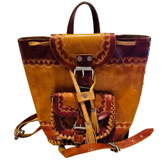 Mexican Leather Backpack Buckles Drawstring Tooled Designed Flaps Front Pocket - Picture 1 of 12